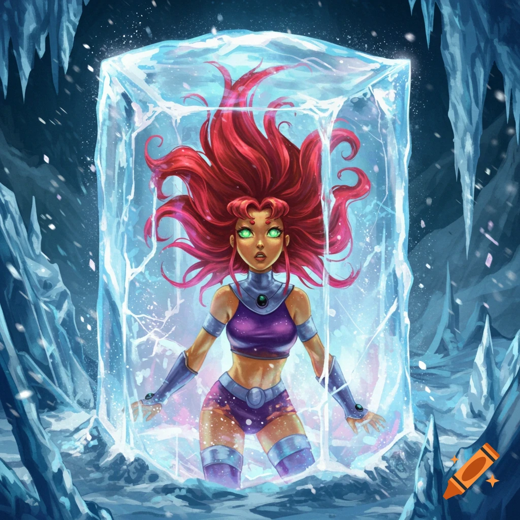 Starfire, a female superhero with red hair and a purple outfit, trapped inside a block of ice in an icy cavern.