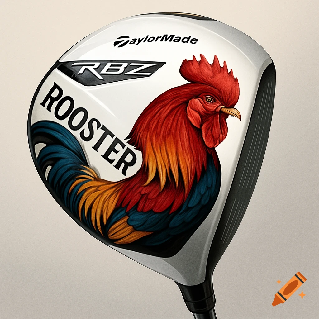 A white TaylorMade RBZ golf driver with a colorful rooster illustration and the word ROOSTER printed on it.