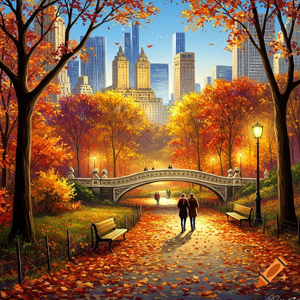 A vibrant autumn park scene with colorful trees, a bridge, people walking on a path covered in fallen leaves, and city skyscrapers in the background.