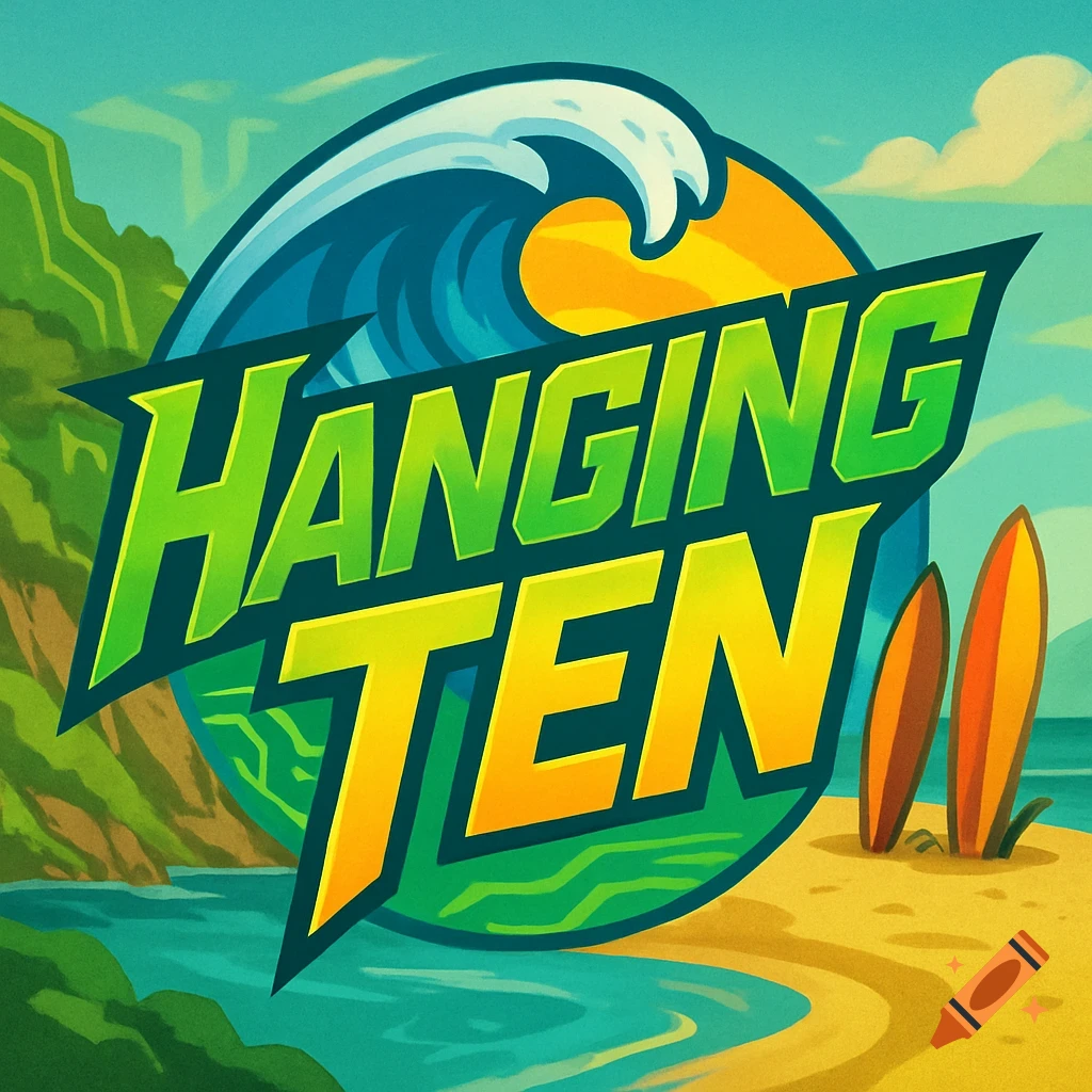 A colorful animated logo for "Hanging Ten" featuring a large wave, a sun, and two surfboards on a beach in the background.