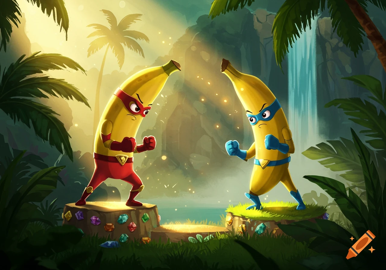 Two cartoon superhero bananas, one red and one blue, stand ready to fight in a lush jungle setting with a waterfall.