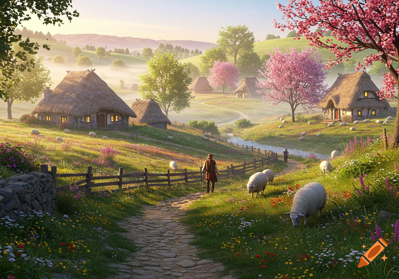 An idyllic spring landscape with thatched cottages, sheep grazing, and shepherds walking on a cobblestone path through blooming meadows.