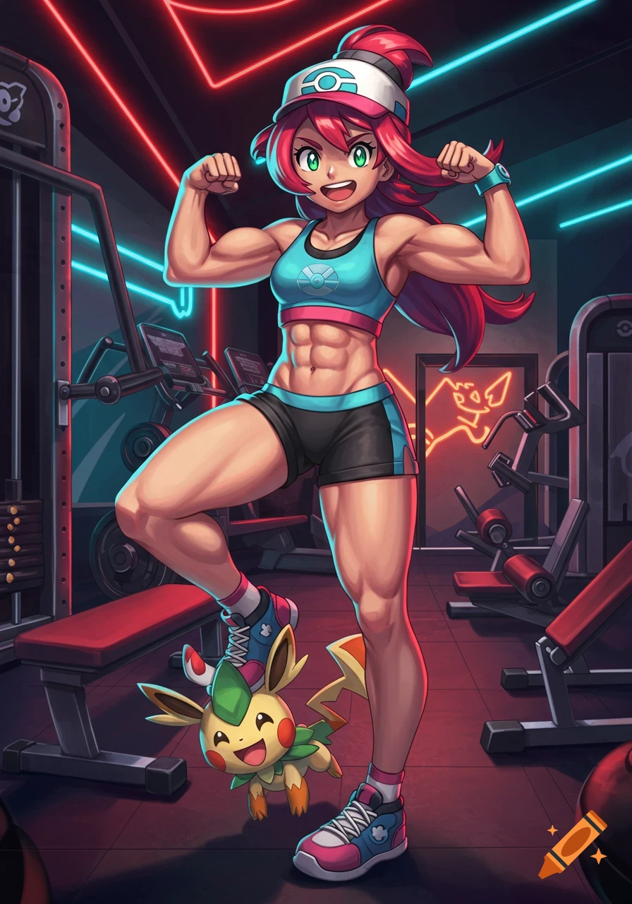 Liko, a muscular Pokémon trainer with pink hair, flexes her biceps at a neon-lit gym alongside a happy Pichu-like Pokémon.