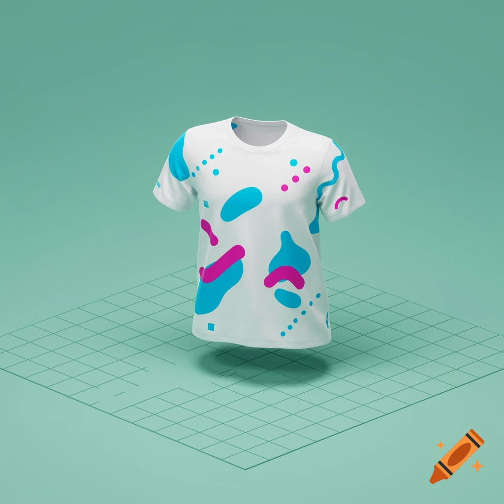 A white t-shirt with abstract blue and pink shapes floats over a light teal isometric grid on a teal background.