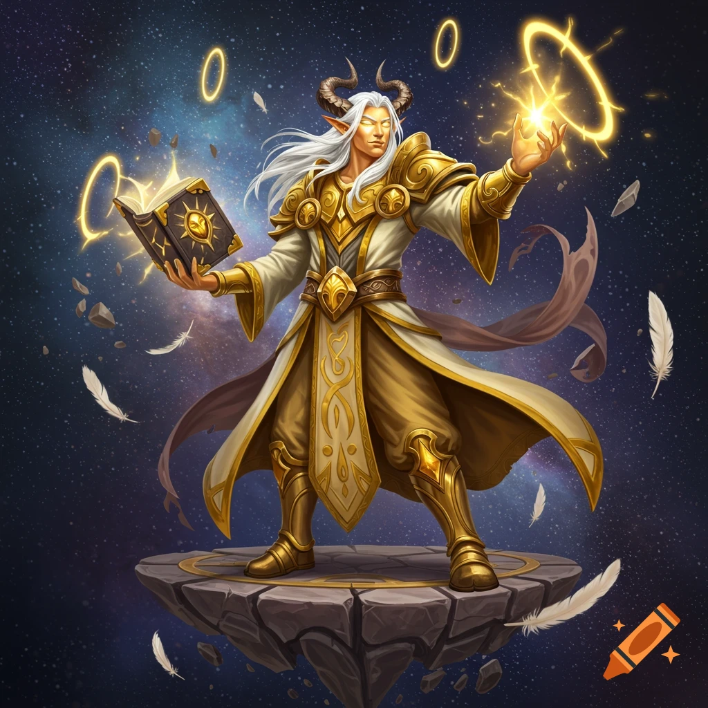 A Lightforged Draenei male wizard with glowing eyes and horns, holding a book, channeling golden energy on a floating stone island in a cosmic void. Fantasy art style.