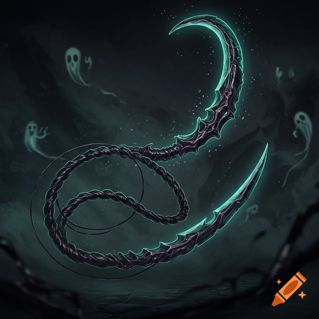 An intricately designed glowing whip-sword with two curved blades, in shades of dark purple and teal, surrounded by faint ghost-like figures on a dark, mysterious background.
