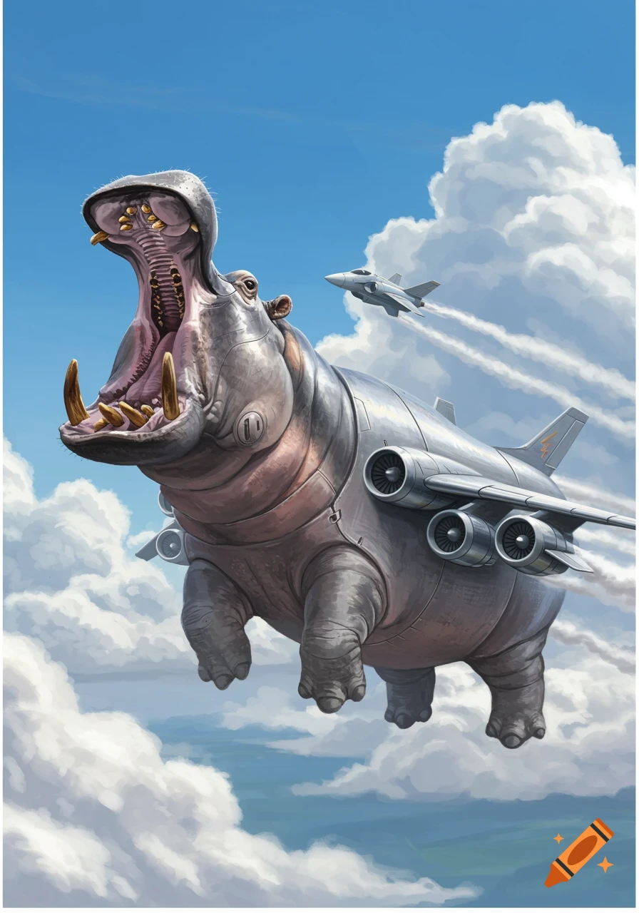 An illustration of a giant hippo with jet engines and wings attached, flying through a cloudy blue sky.