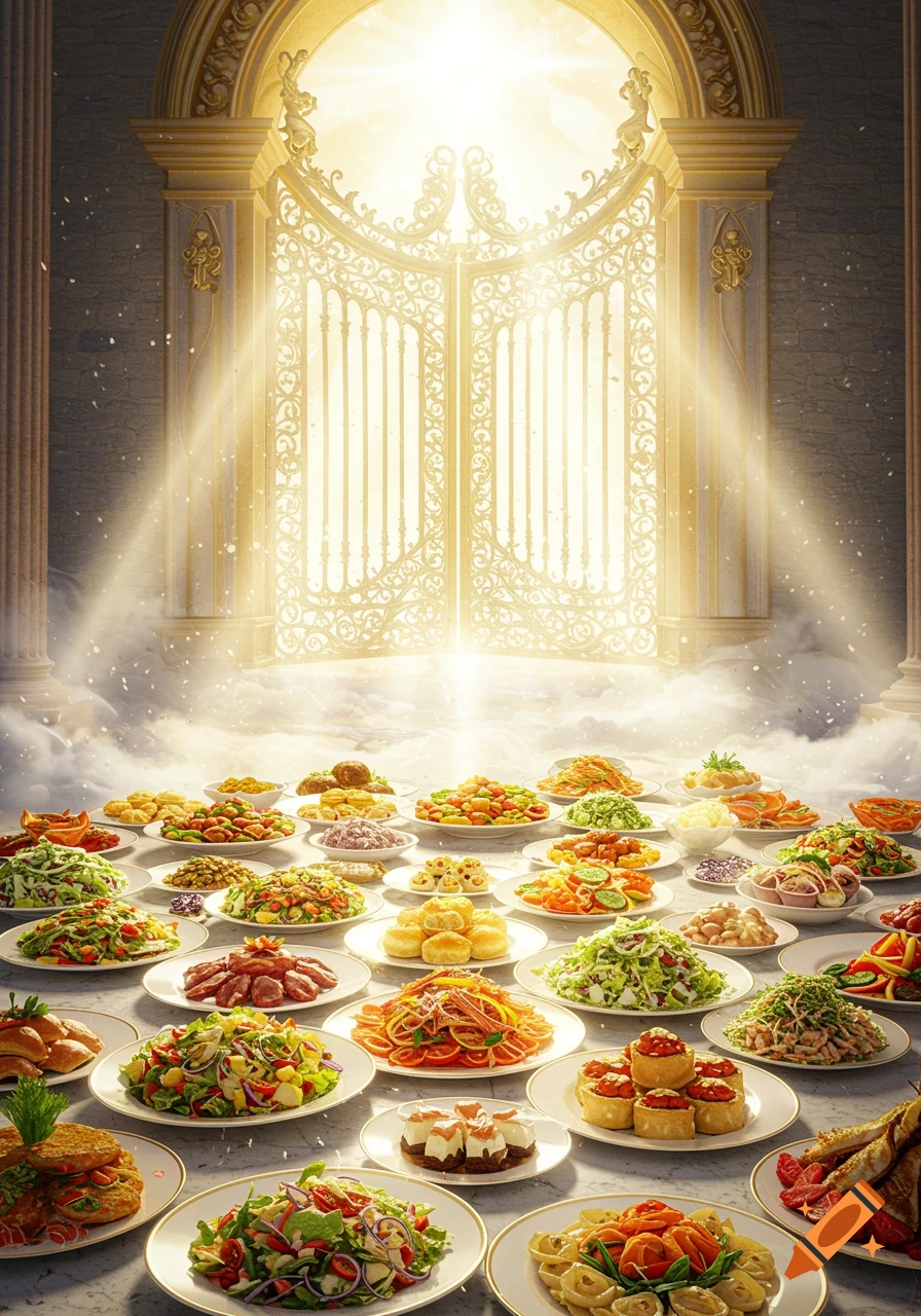 A grand feast with many plates of various foods laid out before ornate, glowing golden gates of heaven surrounded by clouds.