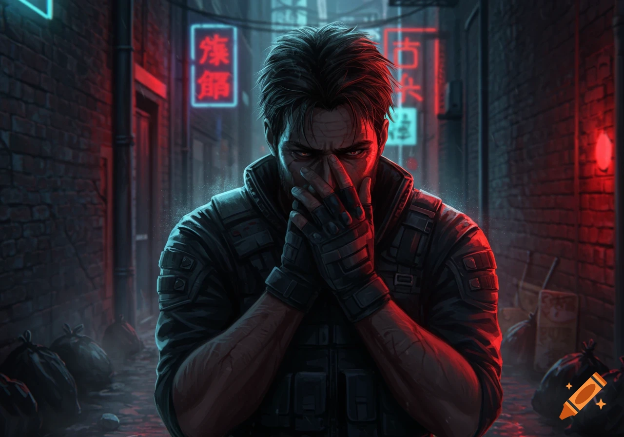A gritty antihero with hands over his face, illuminated by red and blue neon signs in a dark, rainy alley, in a detailed, stylized rendering.
