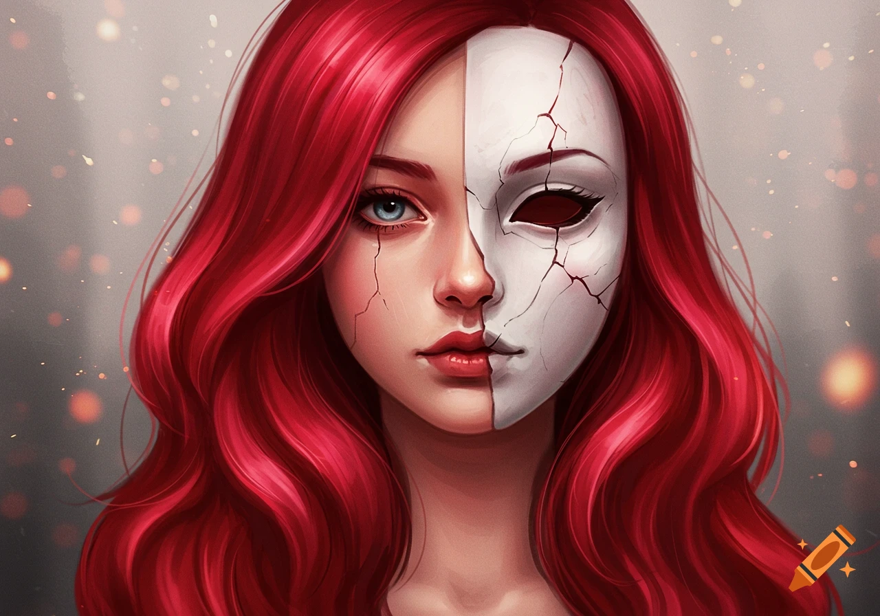 Digital art portrait of a woman with vibrant red hair, half her face covered by a cracked white mask, revealing one blue eye.