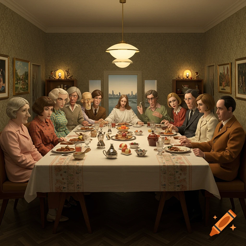 A stylized depiction of the Last Supper in the distinctive visual style of Wes Anderson, featuring Jesus and disciples with distinct, doll-like faces gathered around a table in a meticulously decorated room.