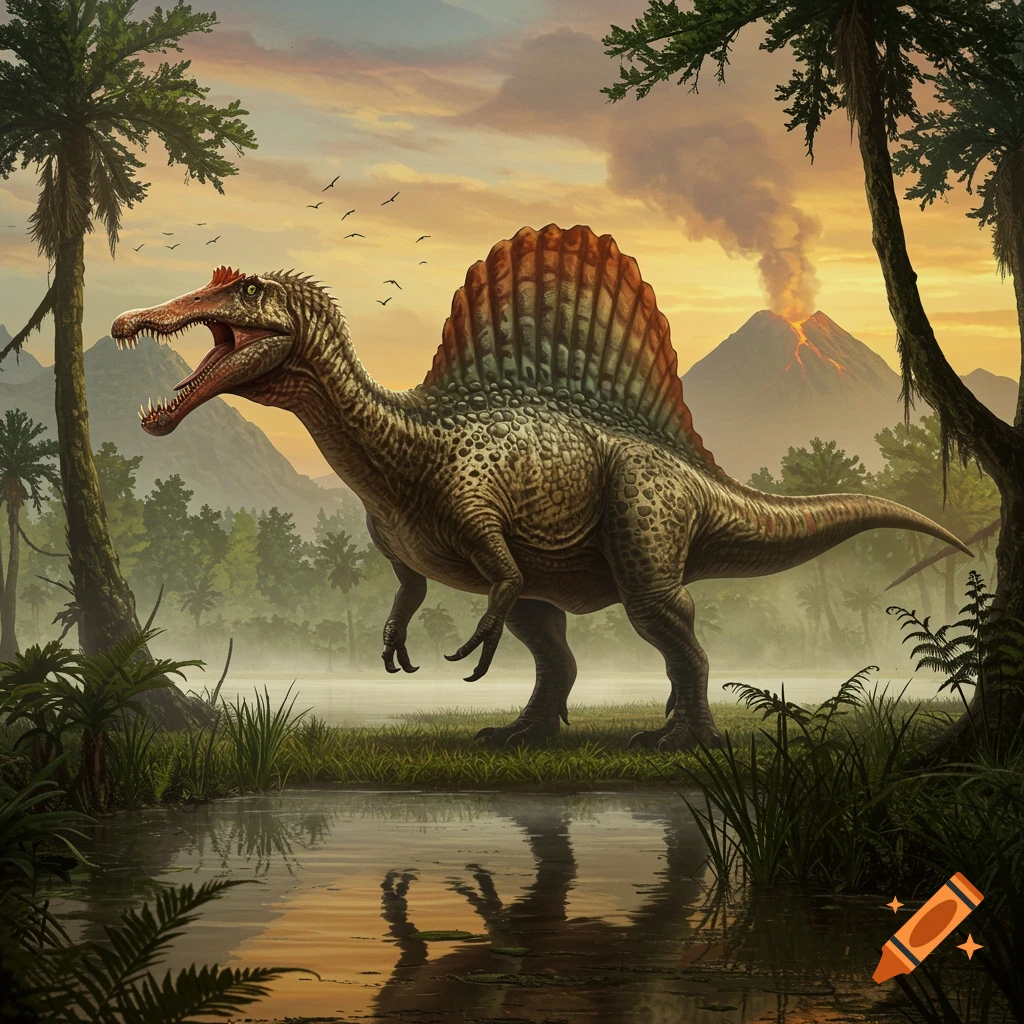 A Spinosaurus stands by a misty lake in a prehistoric jungle, with an erupting volcano in the background at sunset.