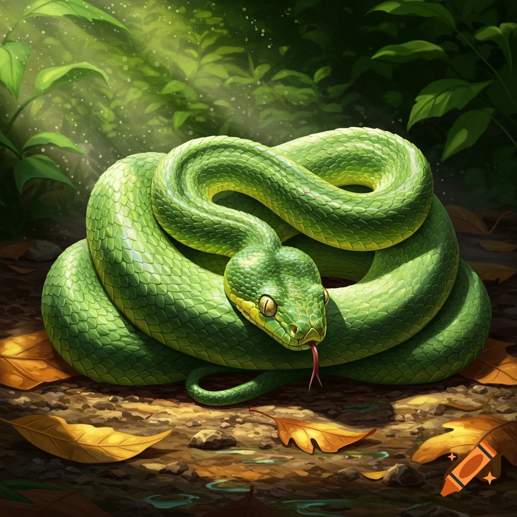 A vibrant green snake coiled on a forest floor with fallen leaves and lush green foliage, bathed in dappled sunlight.