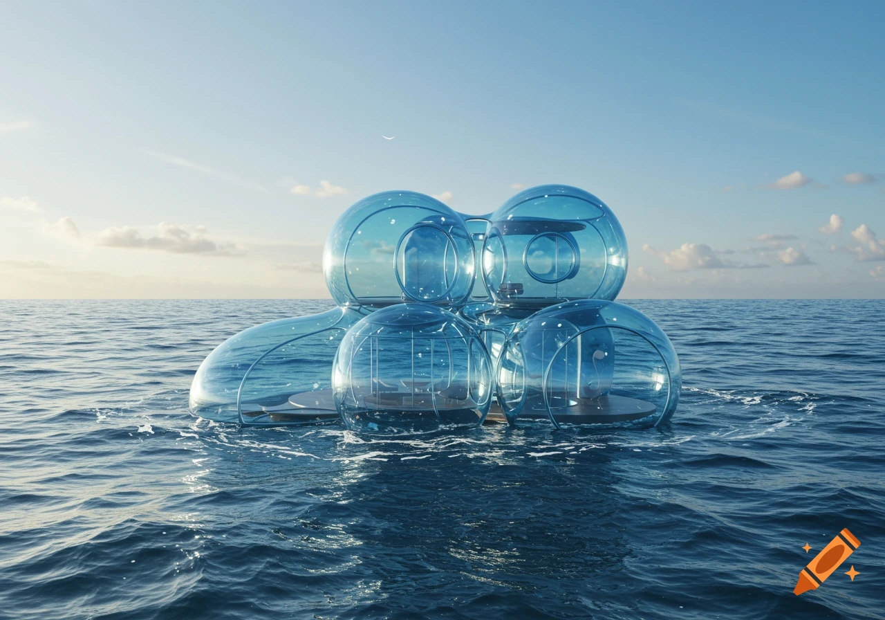 A futuristic blue bubble house floats on a calm ocean under a clear sky, featuring translucent, connected spherical modules.