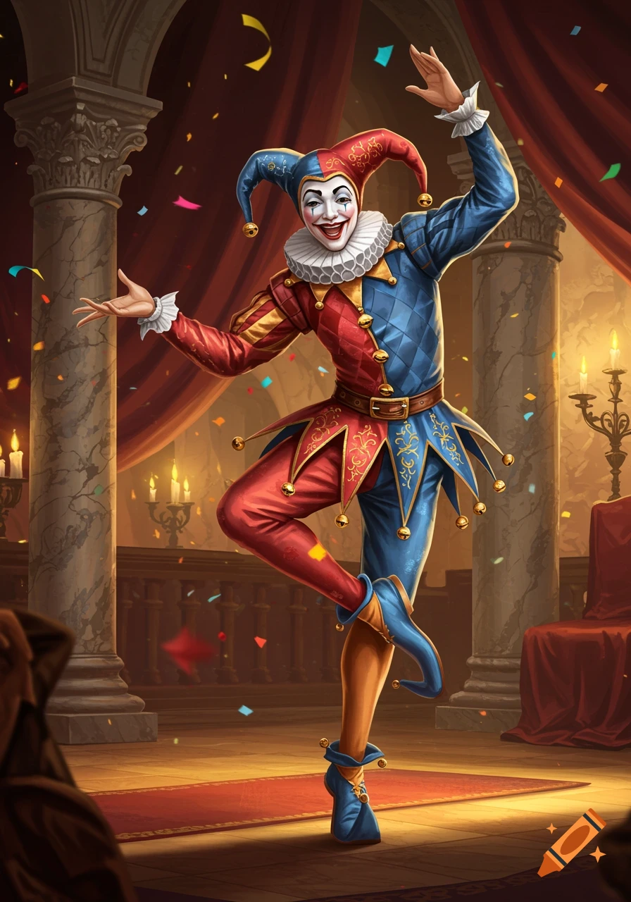 A smiling jester in a red and blue costume dances amidst confetti in a grand hall.