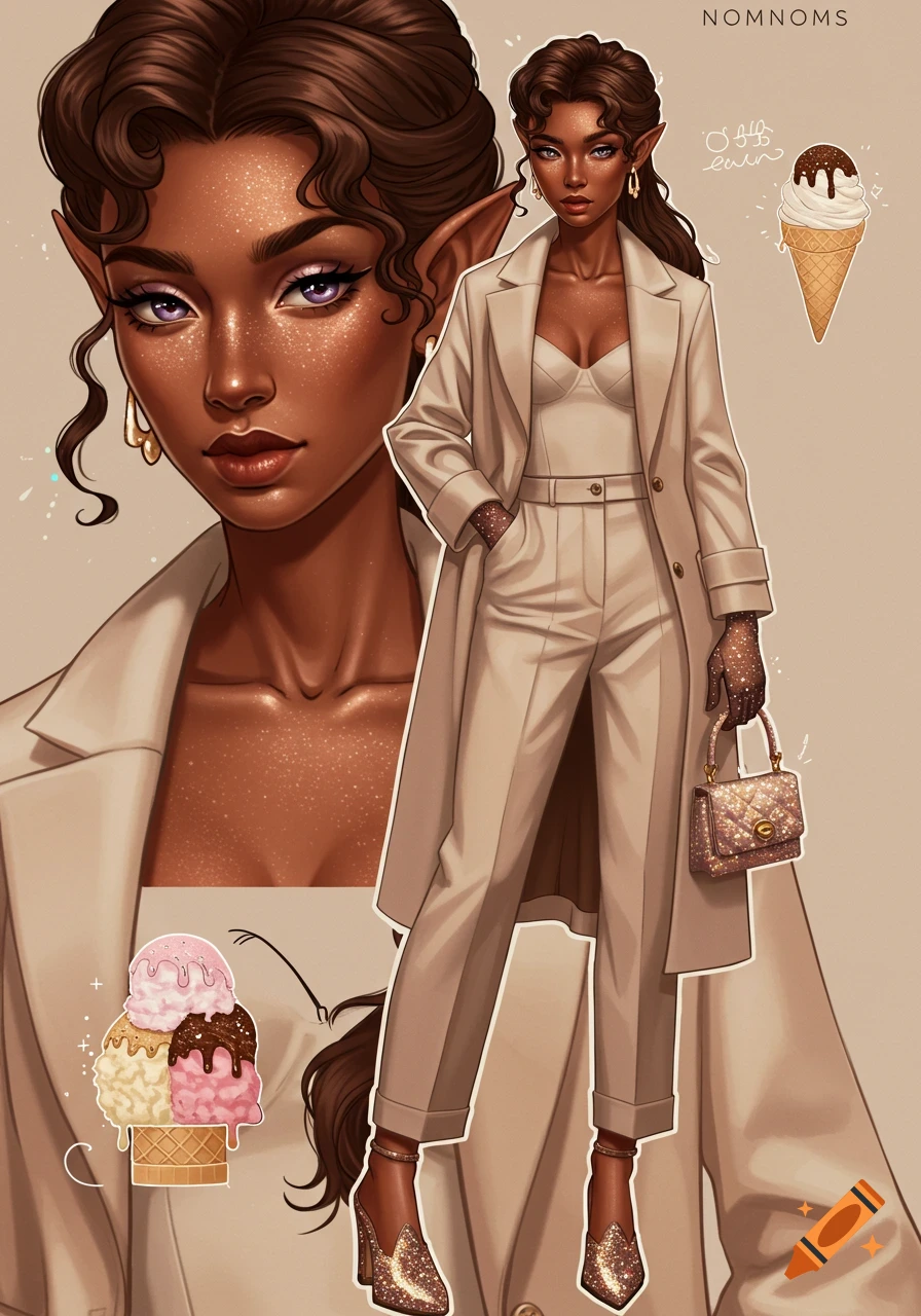 Stylized illustration of a dark-skinned, brown-haired female character with elf ears, dressed in a beige suit and trench coat, holding a sparkling handbag. Ice cream cone illustrations accompany her.