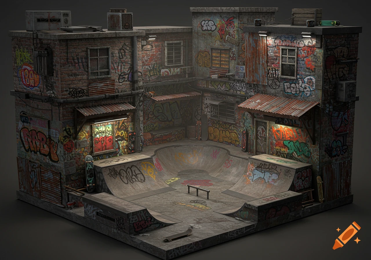 A detailed 3D render of a grungey, graffiti-covered urban skatepark with ramps, bowls, and buildings.