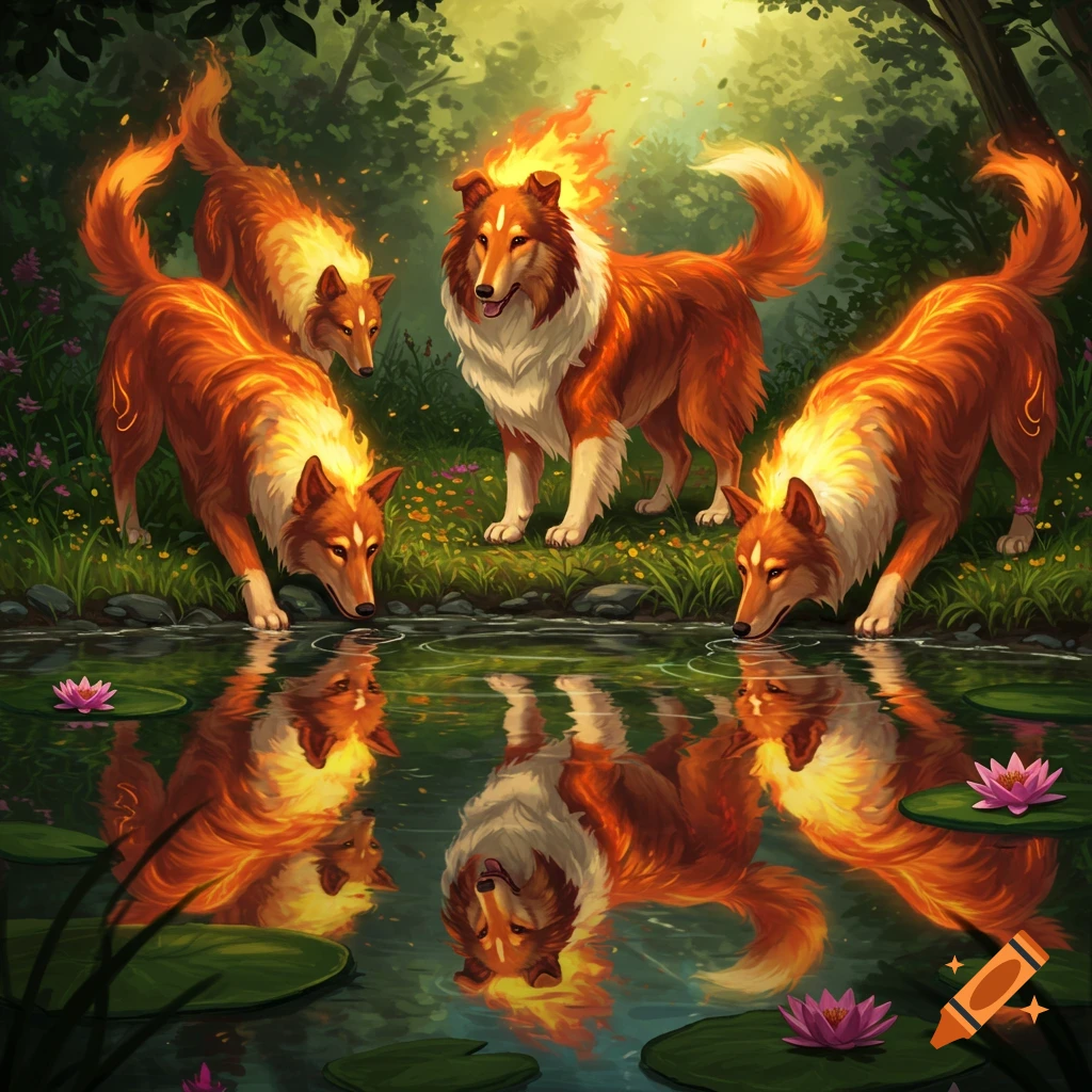 Four glowing fire dogs gather at a reflective forest pond with lily pads.