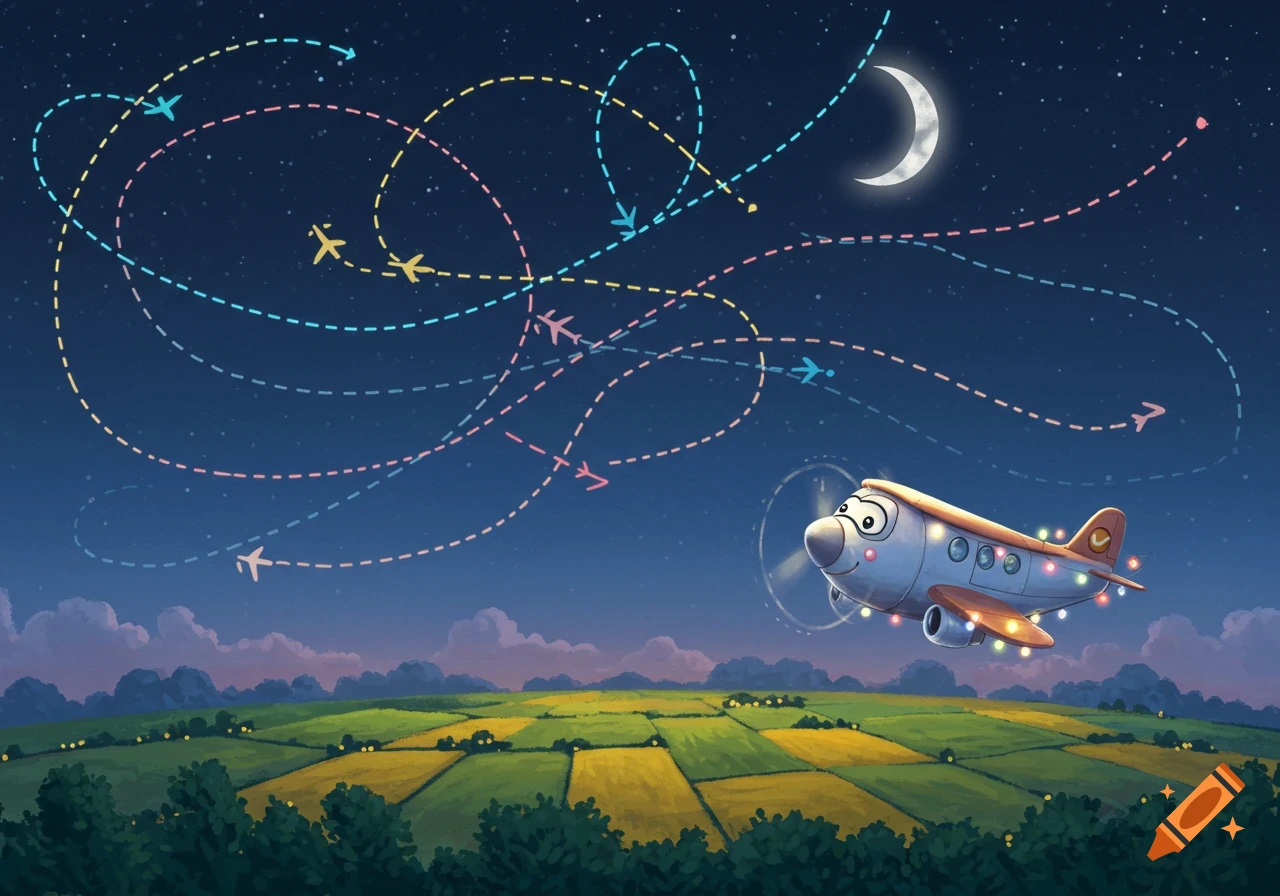 A cute cartoon airplane with a smiling face and lights flies at night over fields, leaving colorful dashed flight paths.