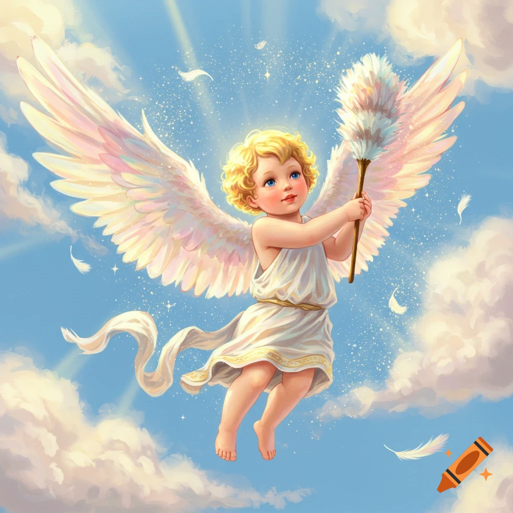 A cheerful cherub angel with blonde curly hair and blue eyes, wearing a white toga, holding a feather duster, and flying in a bright blue sky with clouds and sunbeams.