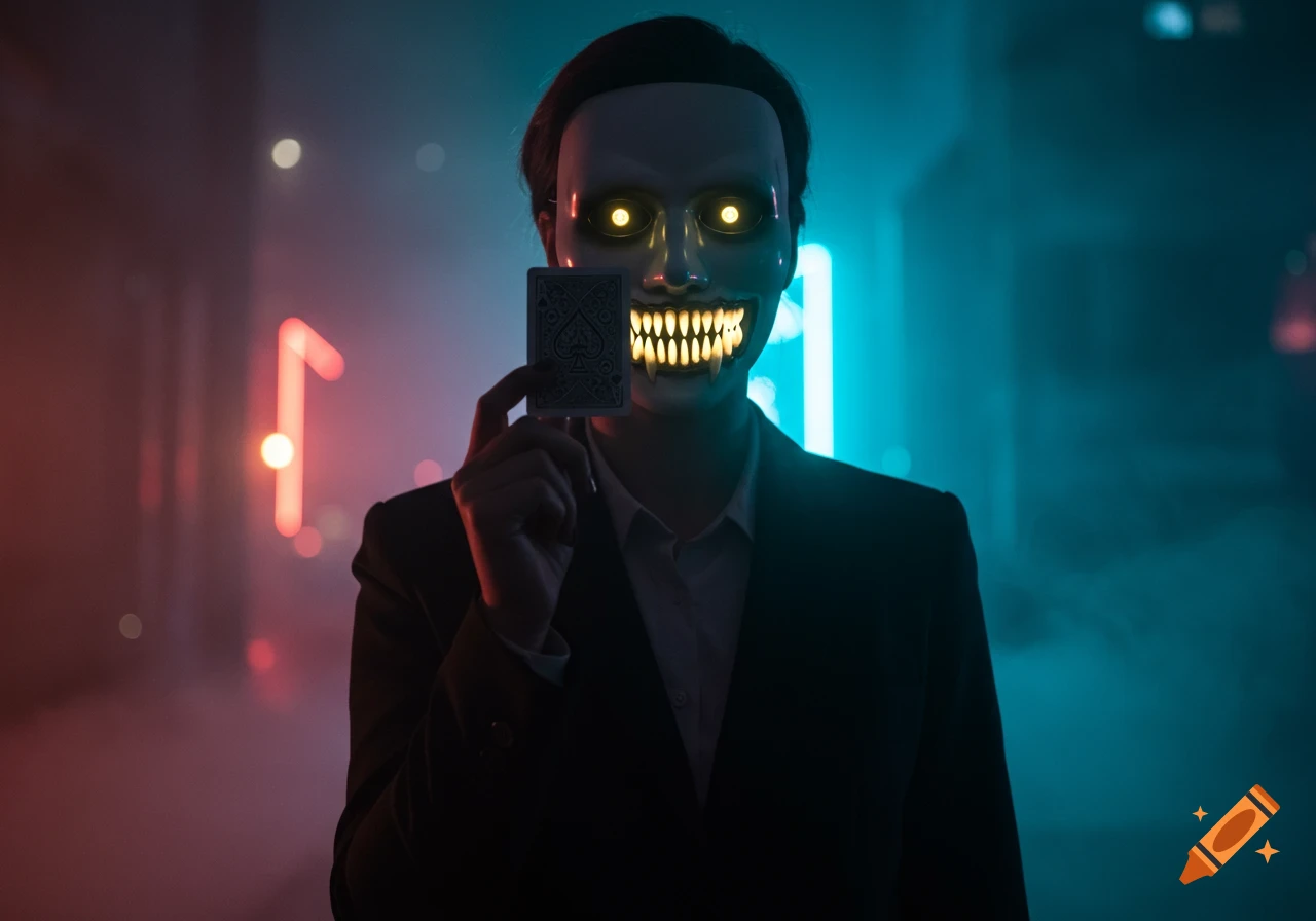 A masked figure in a suit with glowing eyes and sharp teeth holds the Ace of Spades in a neon-lit, smoky room.