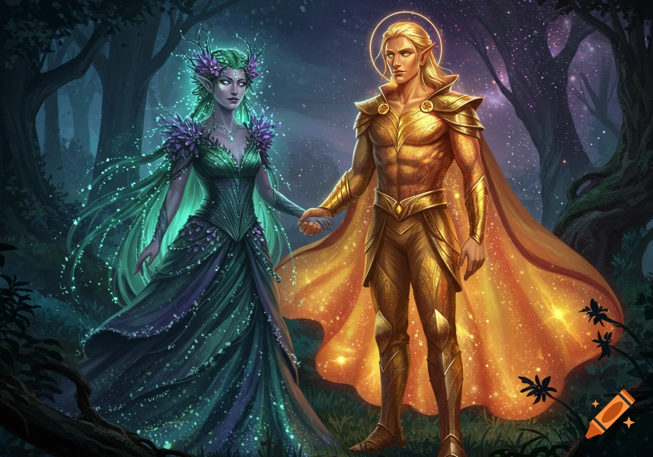 A female fae in green and purple and a male fae in gold armor stand hand-in-hand in a magical forest.