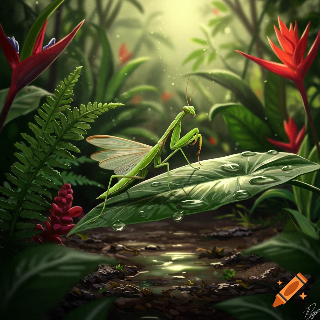 A vibrant green praying mantis with delicate wings perches on a large leaf with dewdrops in a lush, sunlit jungle.