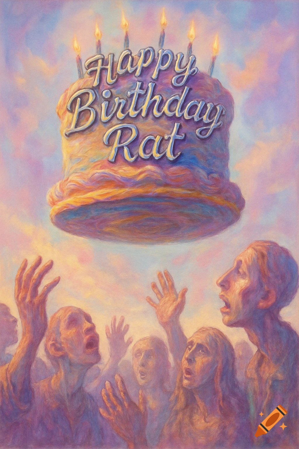 A floating birthday cake with 'Happy Birthday Rat' above distorted people reaching up in a surreal, pastel-colored painting.