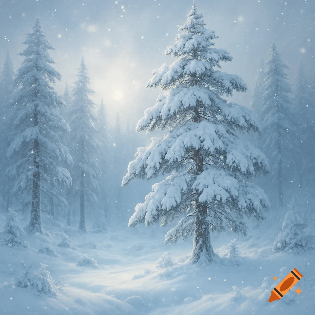 Snow-covered pine trees in a serene, snowy forest with falling snow.