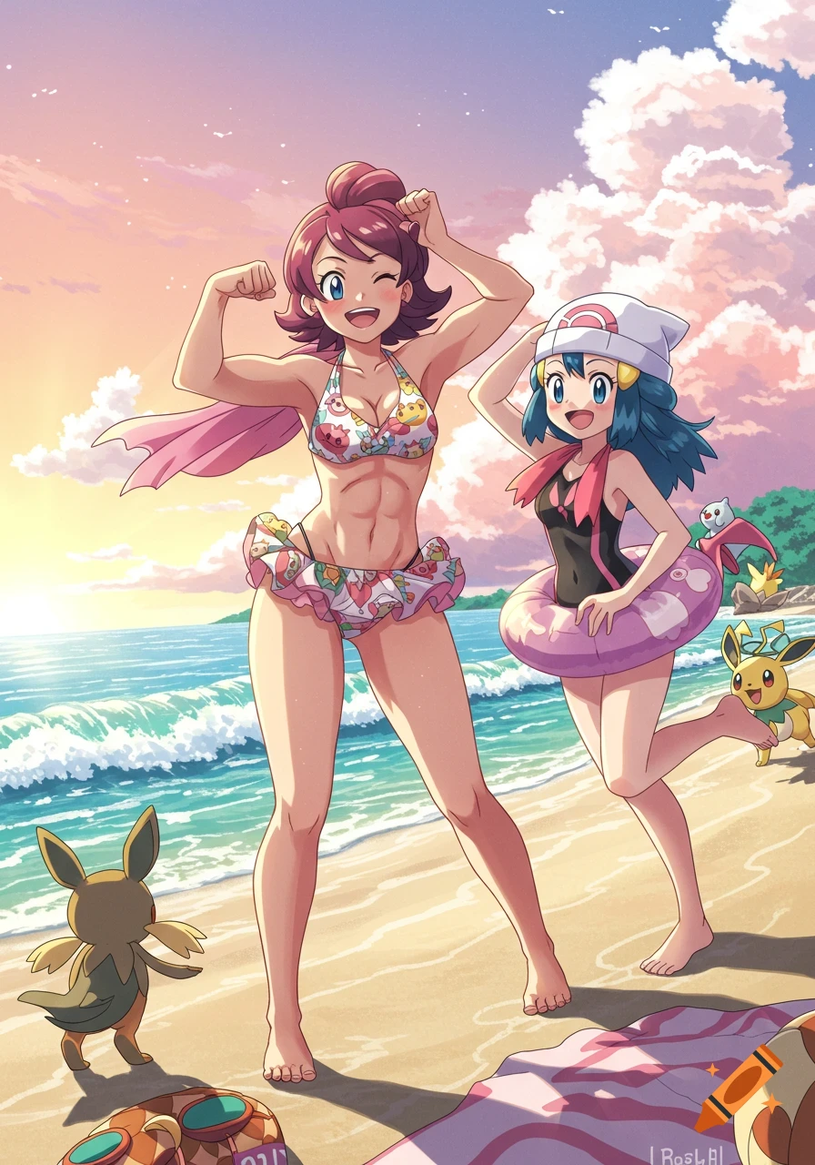 Two anime women, one in a patterned swimsuit flexing and another in a black swimsuit with a floatie, stand on a sunny beach with Pokemon characters.