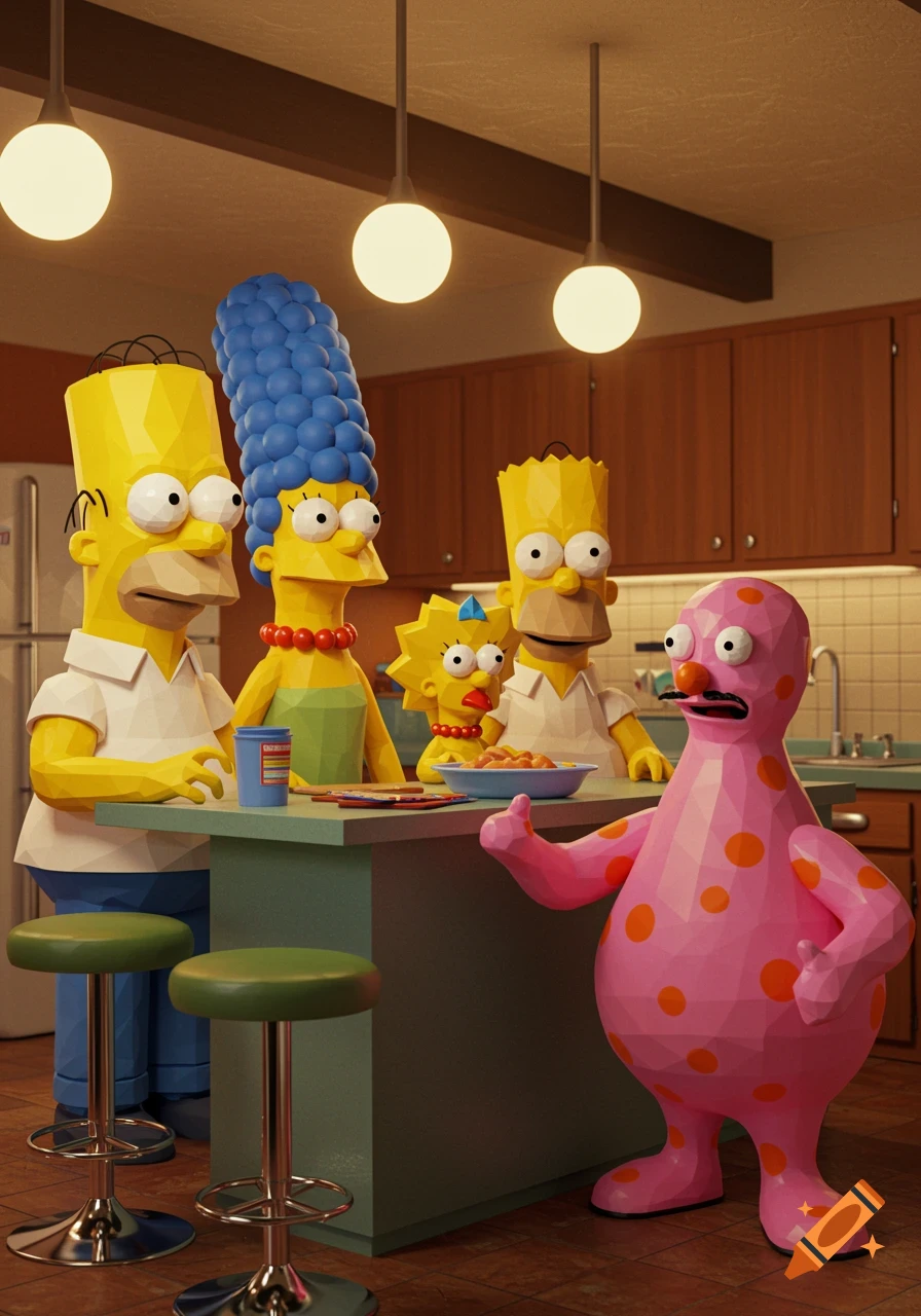 Low poly 3D render of The Simpsons family and Mr. Blobby standing around a kitchen counter.