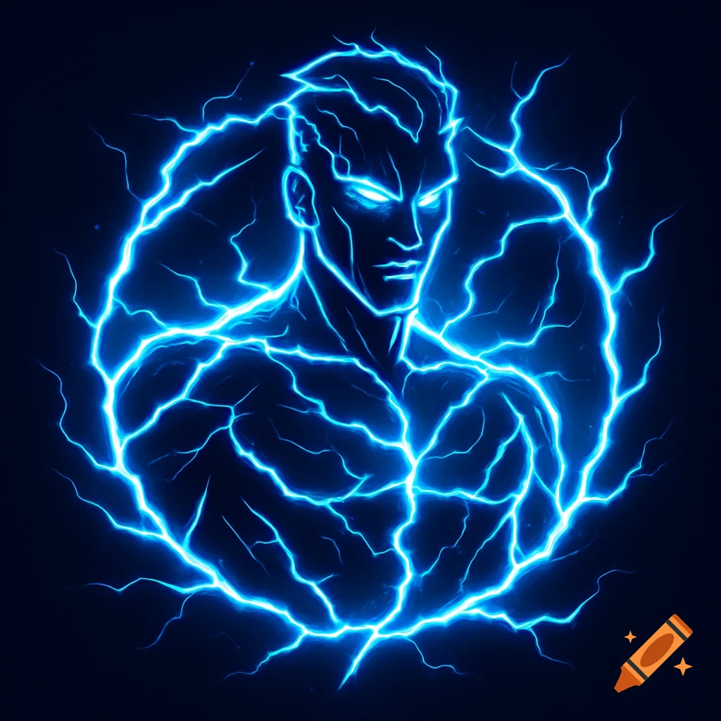 A stylized digital art portrait of a man formed from bright blue lightning, set against a dark background, enclosed in a lightning circle.