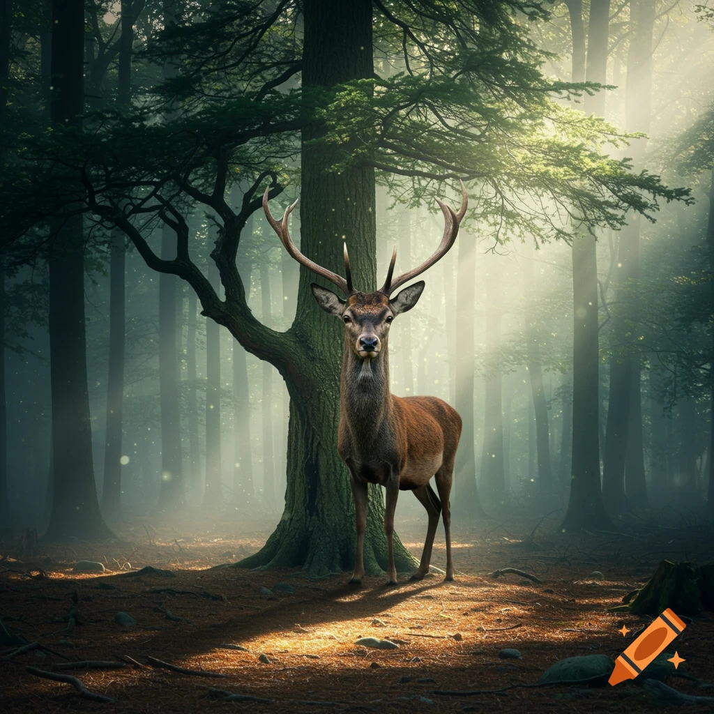 A majestic deer with large antlers stands in a sunlit forest.