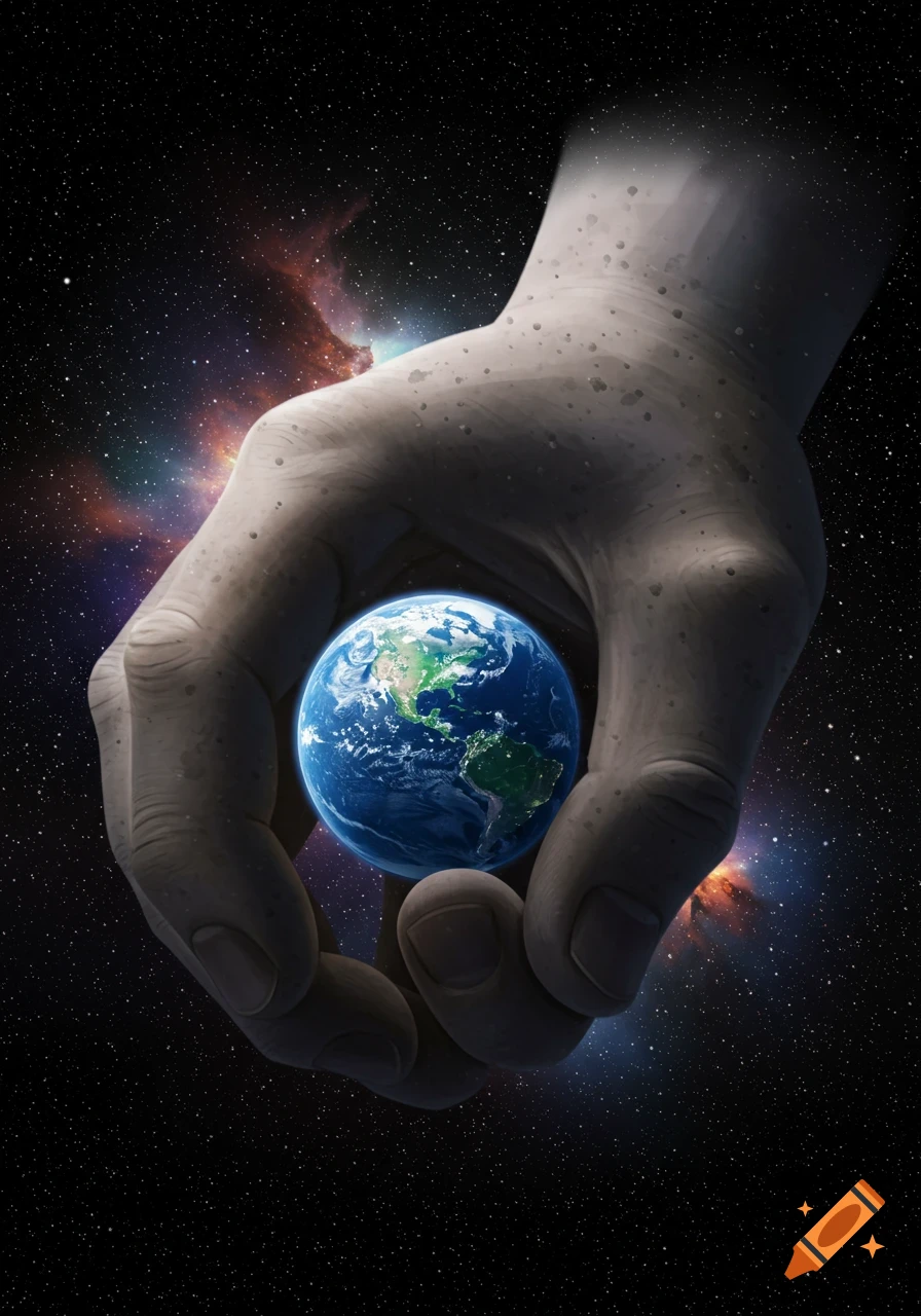 A colossal hand holds the Earth between its thumb and forefinger in deep space with colorful nebulas.