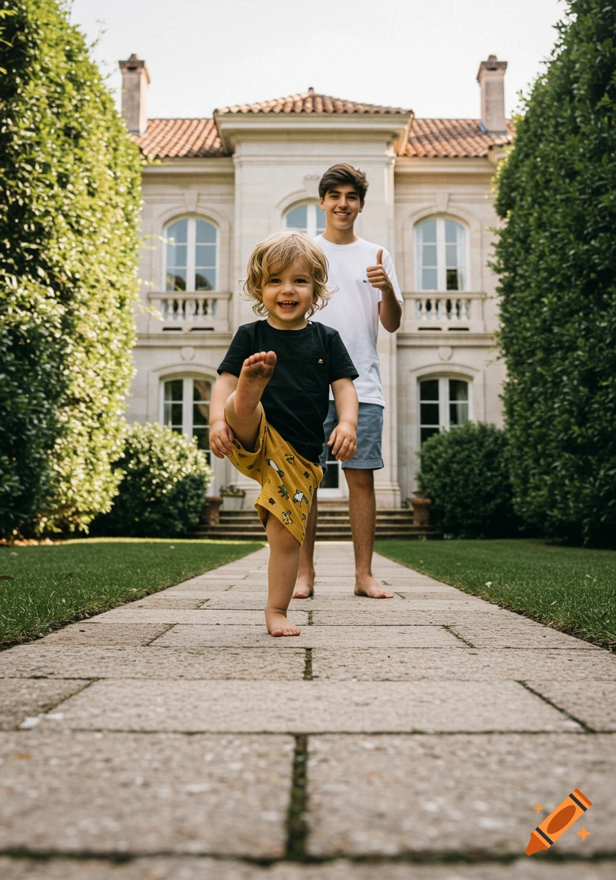 A smiling toddler with dirty feet lifts his leg on a stone path, with a young man giving a thumbs up behind him, in front of a large mansion.