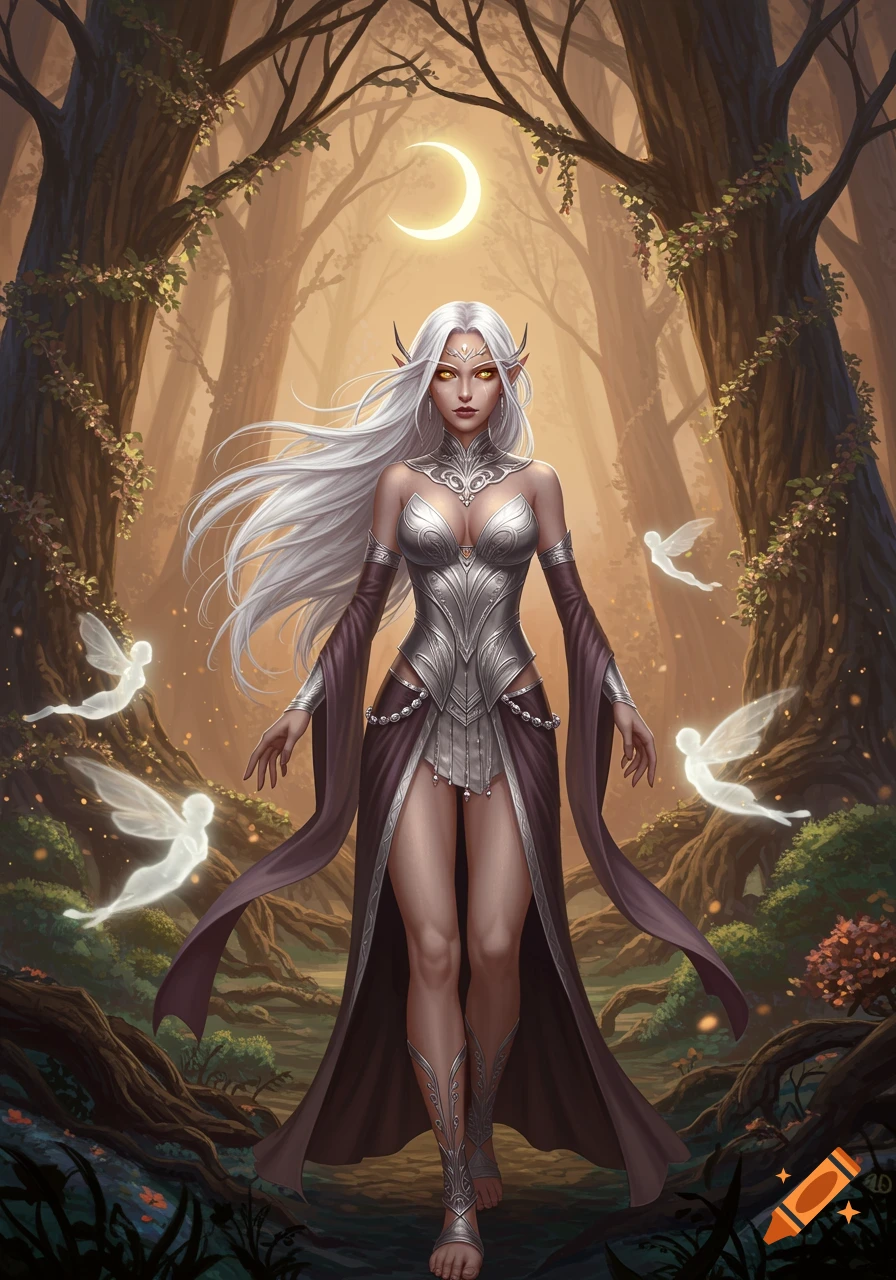 A white-haired elf with golden eyes in a silver and purple gown stands in an enchanted forest with a glowing moon and ethereal spirits, digital fantasy art.