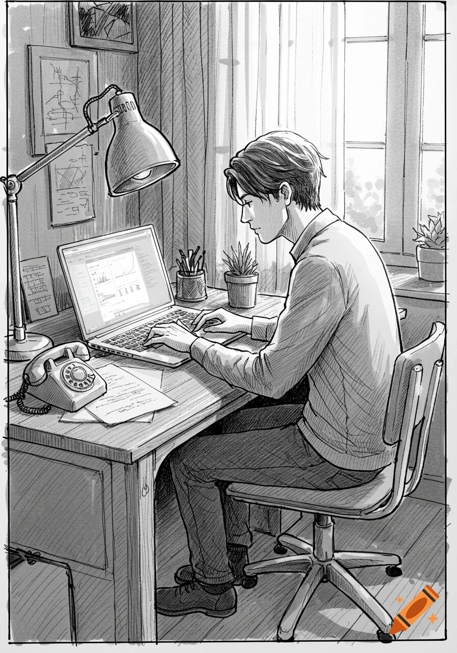 A man works on a laptop at a desk with a lamp and a rotary phone, drawn in a black and white sketch style.