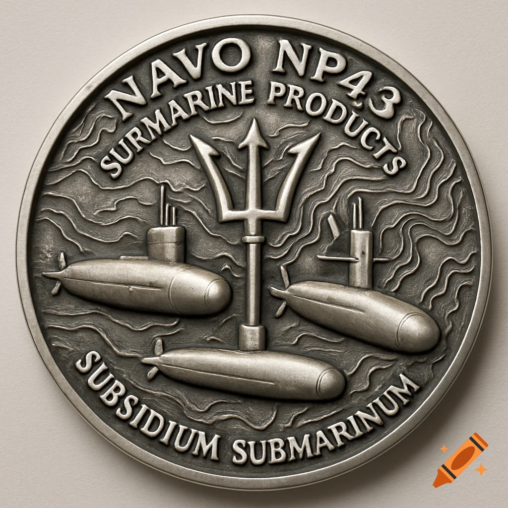 Detailed silver military challenge coin featuring a trident, three submarines, and embossed text.
