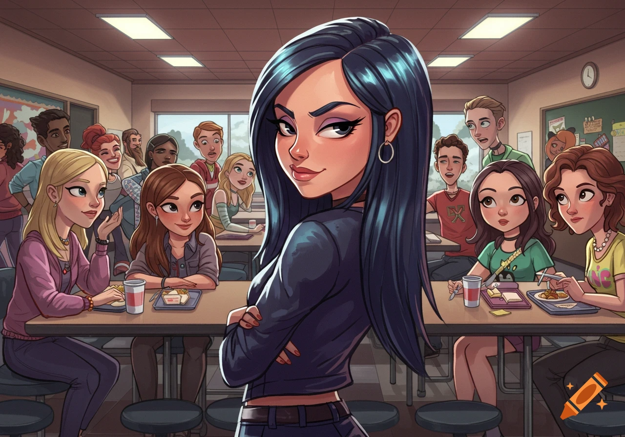 Cartoon illustration of a diverse group of students in a lively school cafeteria, with a dark-haired girl smirking at the camera while others talk at tables.