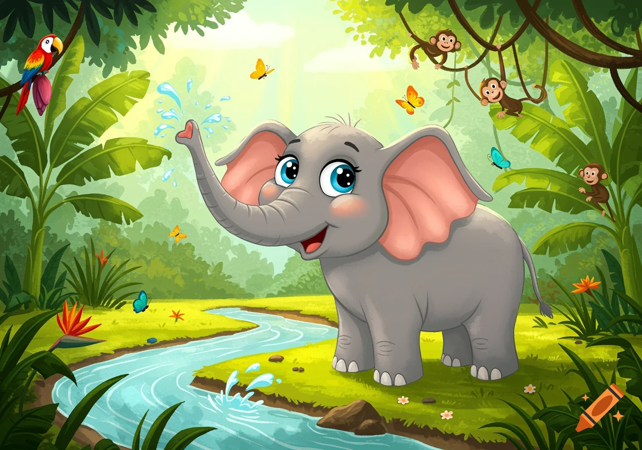 A happy cartoon elephant spraying water from its trunk in a lush jungle with monkeys, parrots, butterflies, and a river.
