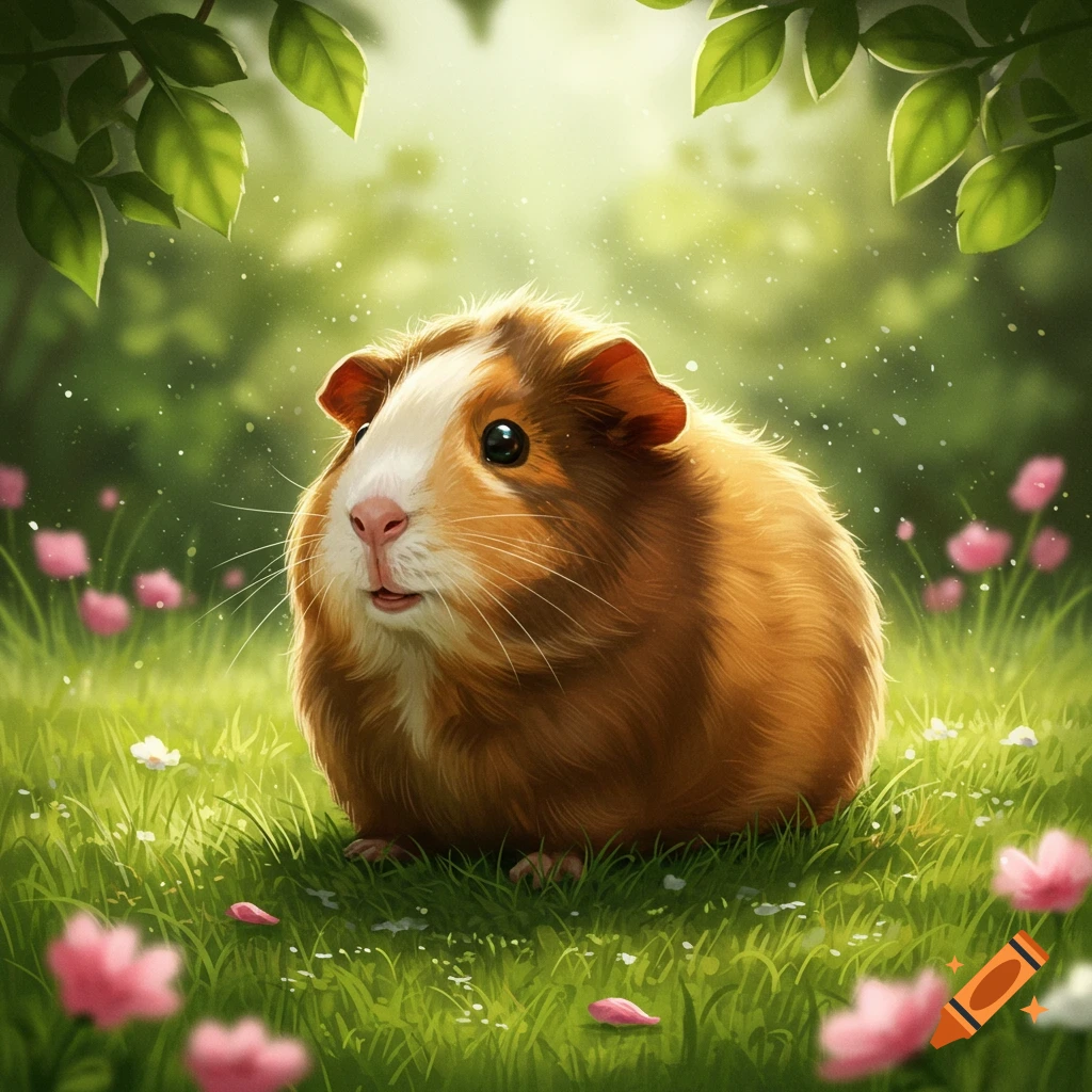 A cute, fluffy guinea pig with brown and white fur sitting in a sunny green field with pink flowers.
