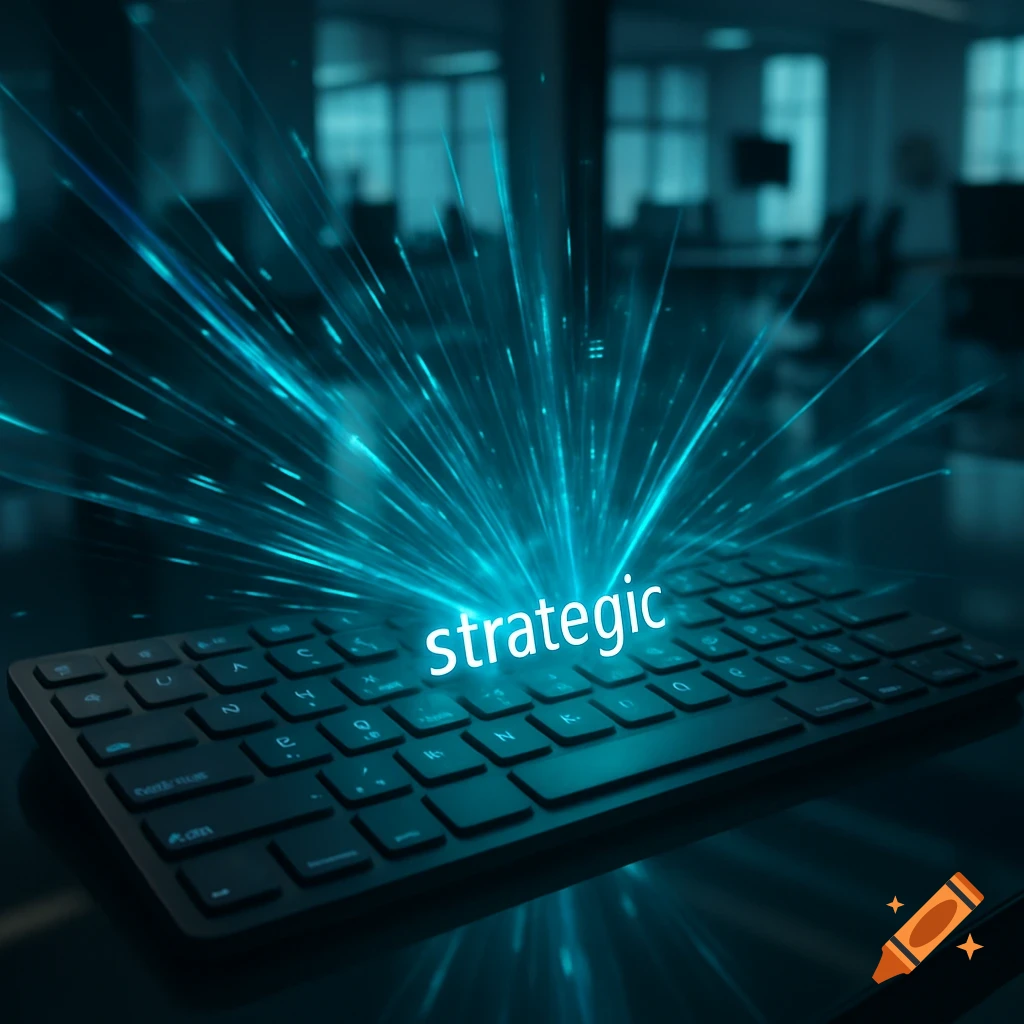 A close-up of a black keyboard with the word "strategic" glowing brightly above the keys, emitting blue light rays in a dark office setting.