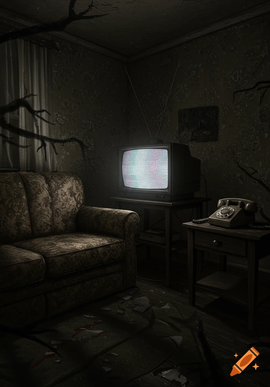 A dark, eerie vintage living room with a static TV, old couch, and rotary phone, with broken debris on the floor, in an analog horror style.