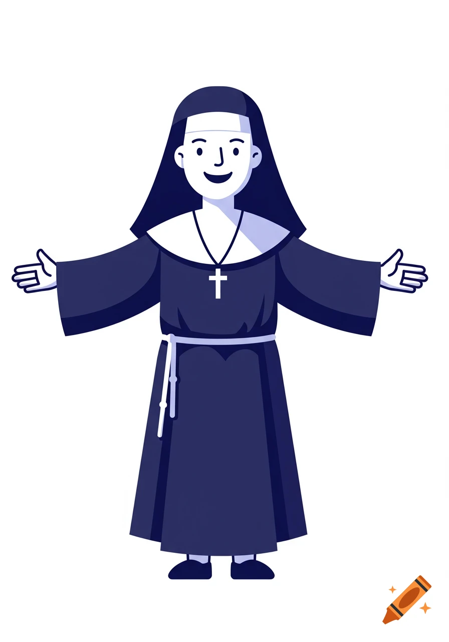 Flat illustration of a joyful nun in a dark habit and cross necklace, standing with arms outstretched.
