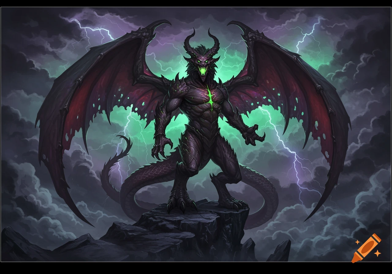 A dark, horned fantasy creature with large wings and glowing green energy stands on a rocky peak with lightning in a stormy sky.