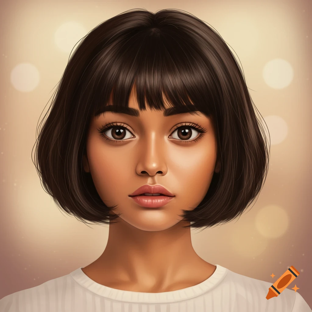 Digital art portrait of a young woman with a short bob haircut and bangs.