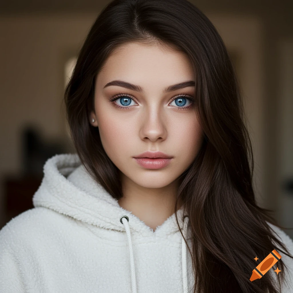 A close-up portrait of a young woman with long dark hair and striking blue eyes, wearing a white fuzzy hoodie.