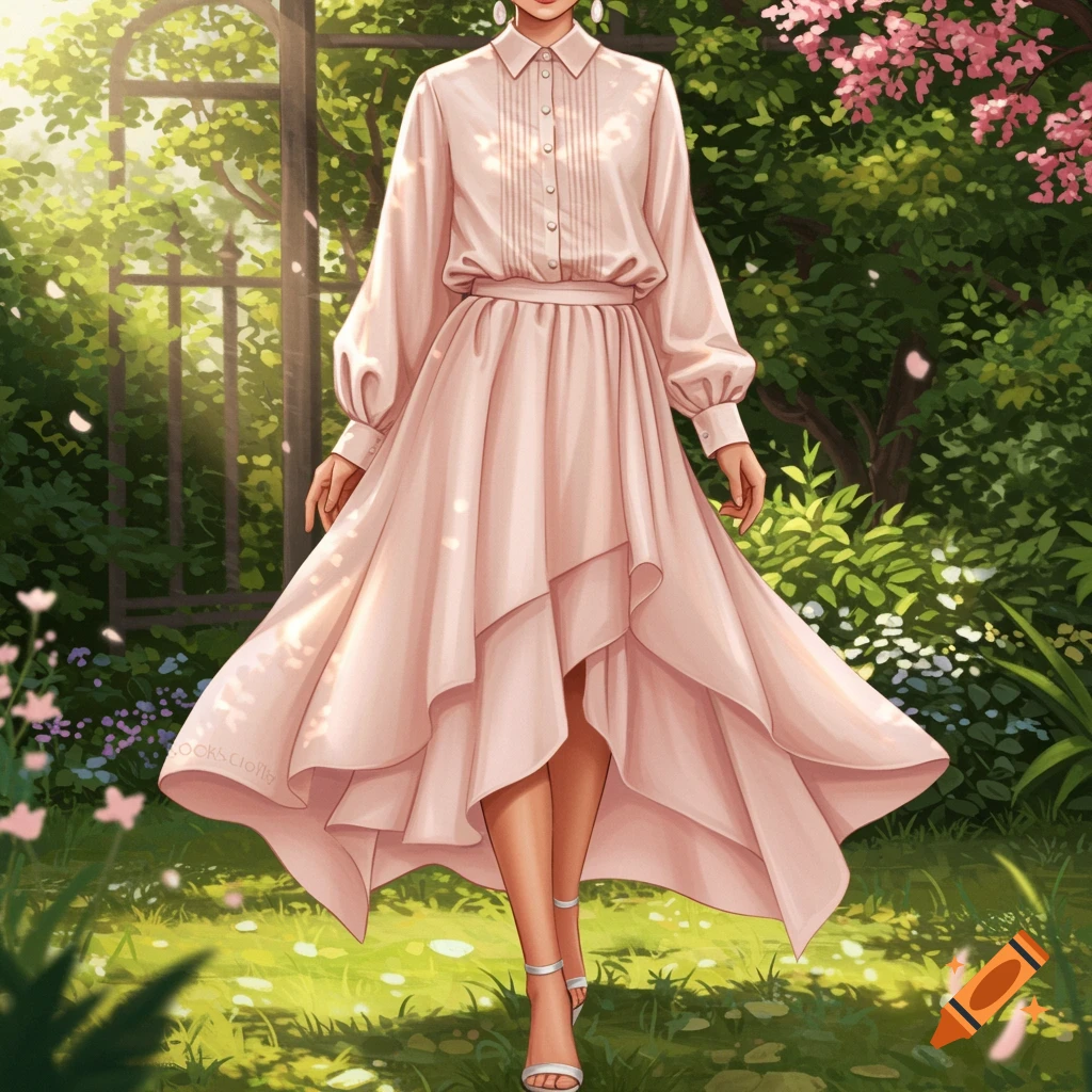 Digital art of a person in a flowing pink high-low dress with a button-up shirt, walking in a sunny garden with lush greenery and pink flowers.