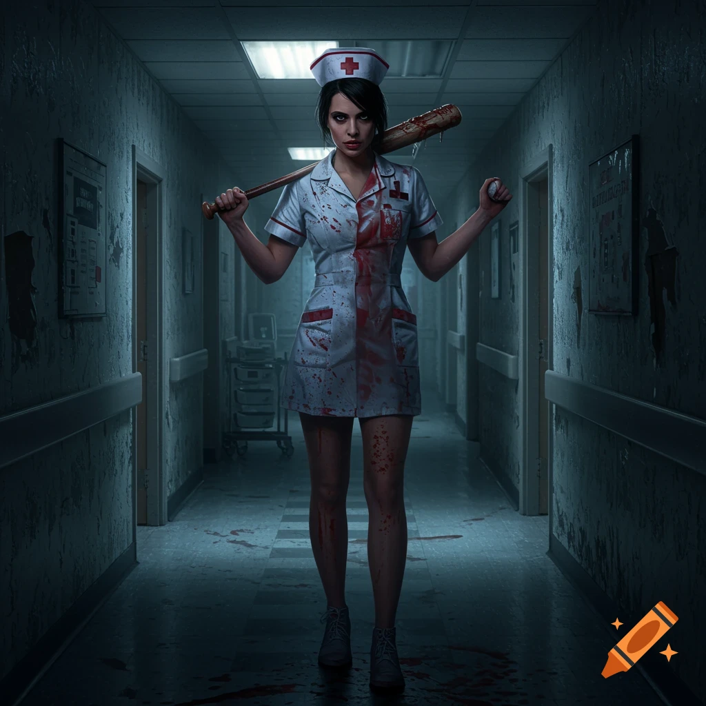 A menacing nurse covered in blood holds a baseball bat in a dark, grimy hospital hallway, depicted in a photorealistic style.
