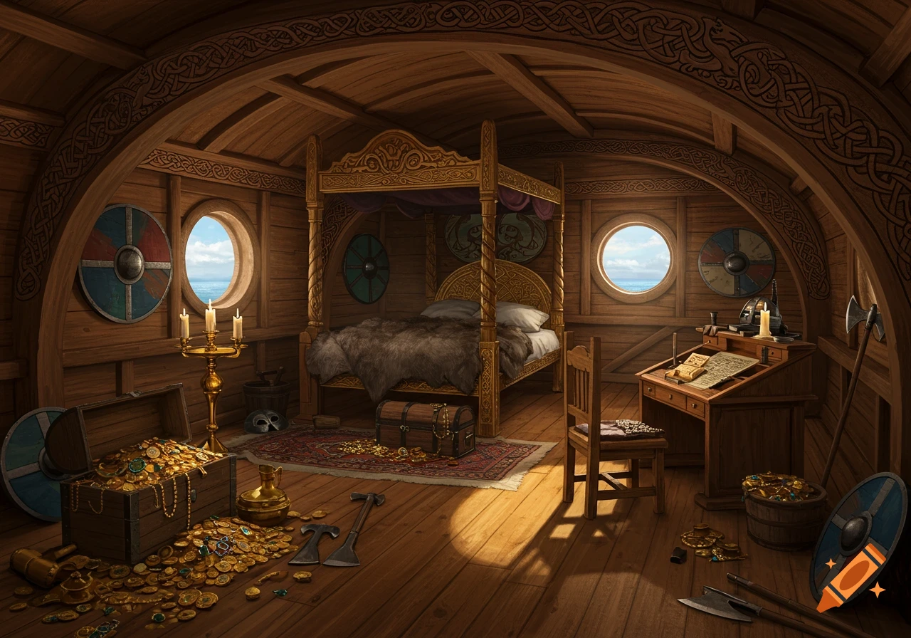 Opulent, detailed interior of a Viking longship with an ornate bed, treasure chests, weapons, and a desk overlooking the sea.